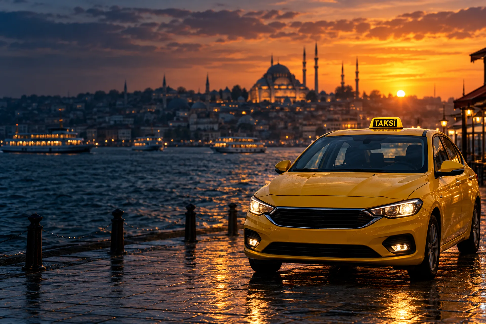 İstanbul sahilinde sarı taksi